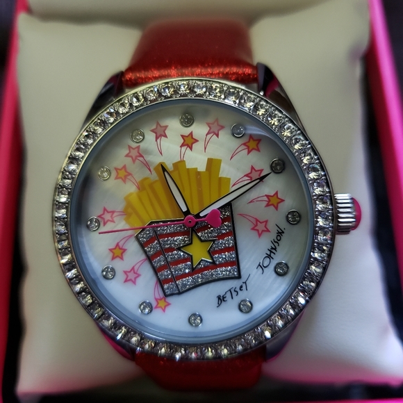 BETSEY JOHNSON "GOLDEN FRIES"  SILVER/RED STRAP WA - Picture 1 of 4